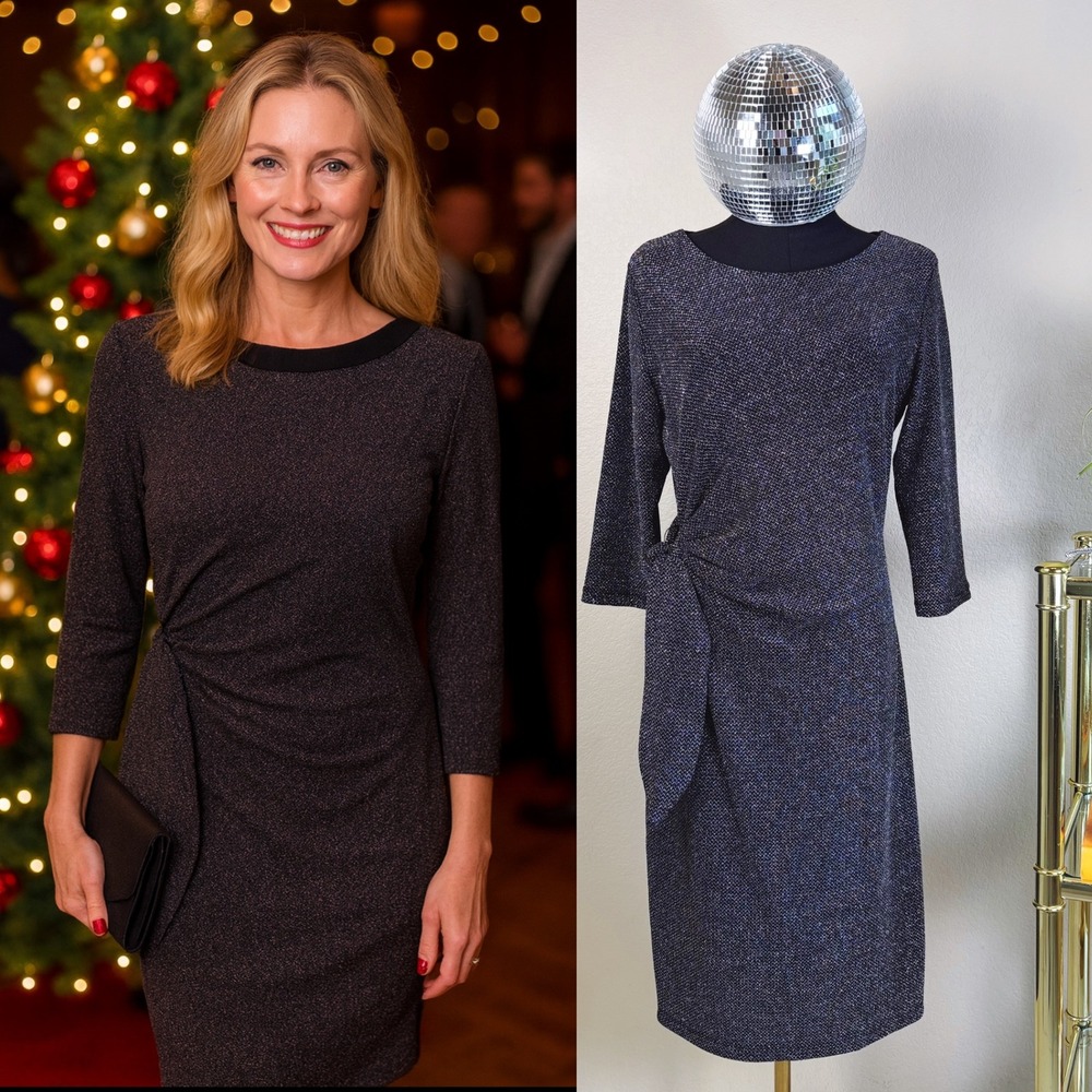 Peter Nygard Sparkle Knit Dress, Silver Large, Office Party Stretchy Flattering